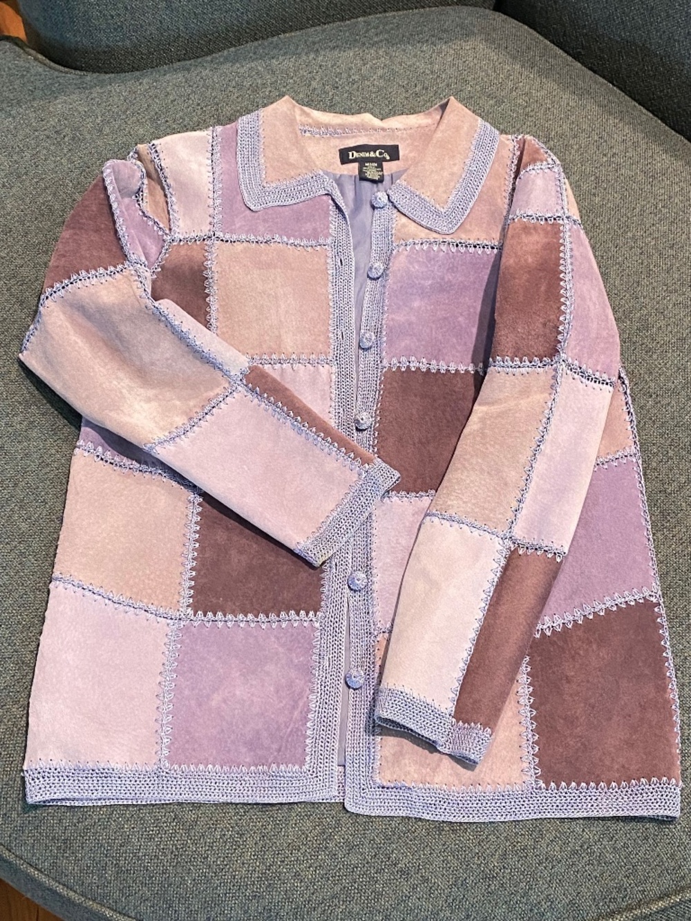 💜 Vintage Denim & Co. Medium 💜 Suede Leather Patchwork Jacket, Crochet Detail